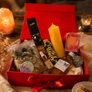 Pack ritual de abundancia de Levakesh con vela amarilla y pirita