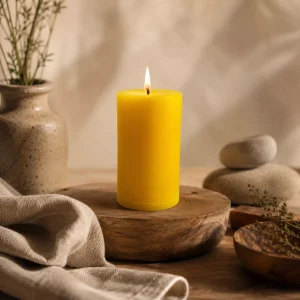 Vela amarilla ritualizada artesanal de Levakesh para prosperidad y dinero