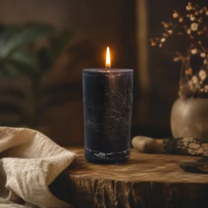 Vela negra ritualizada artesanal de Levakesh para limpieza y protección energética